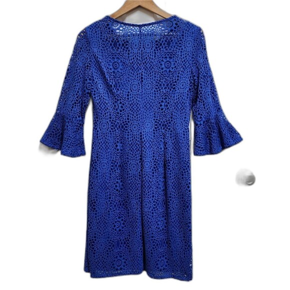 Leslie Fay Dress 6 Blue Floral Crochet Lace Bell Slv Lined Boho Coastal Grandma - Picture 2 of 10